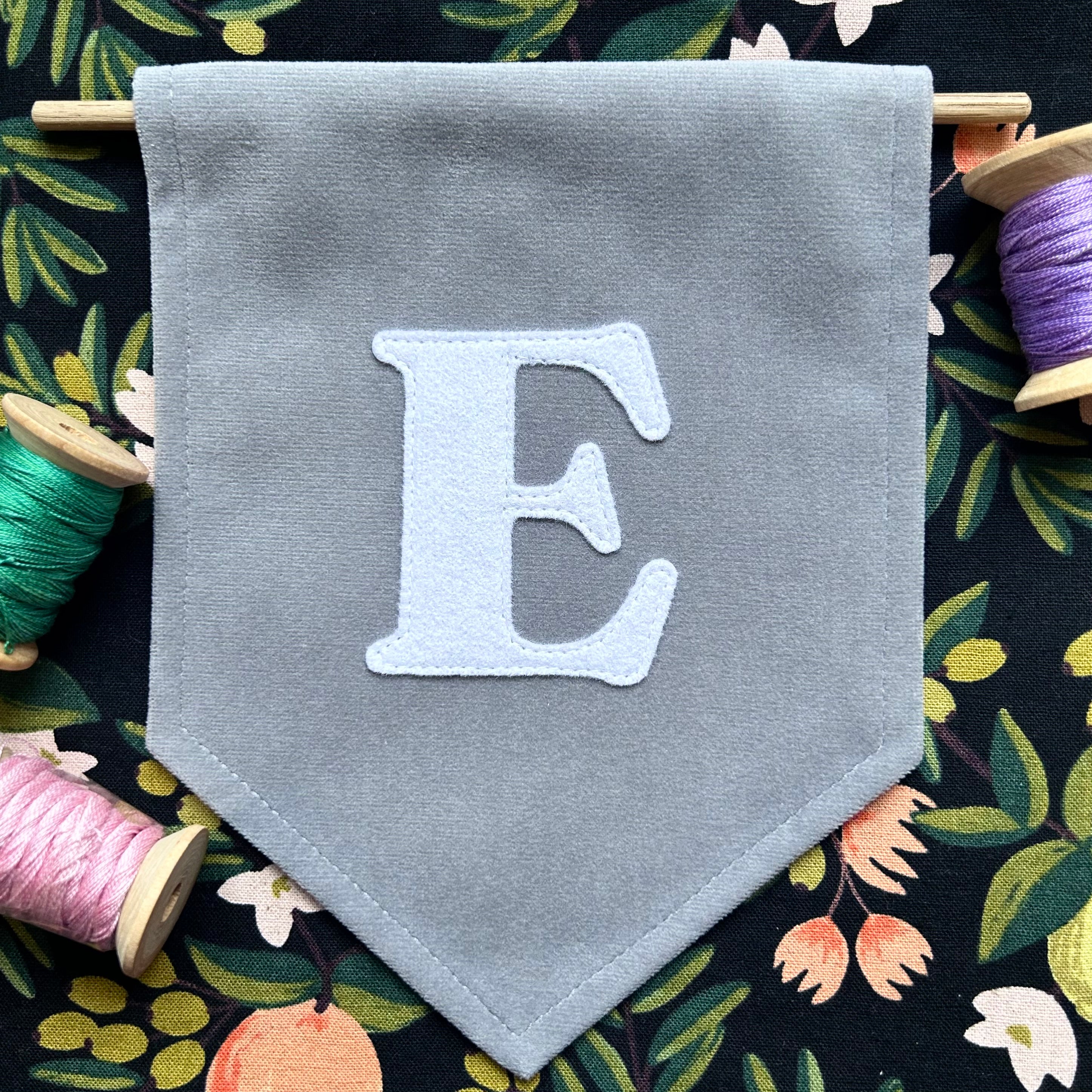 Mini felt initial on velvet banner (wall decor)