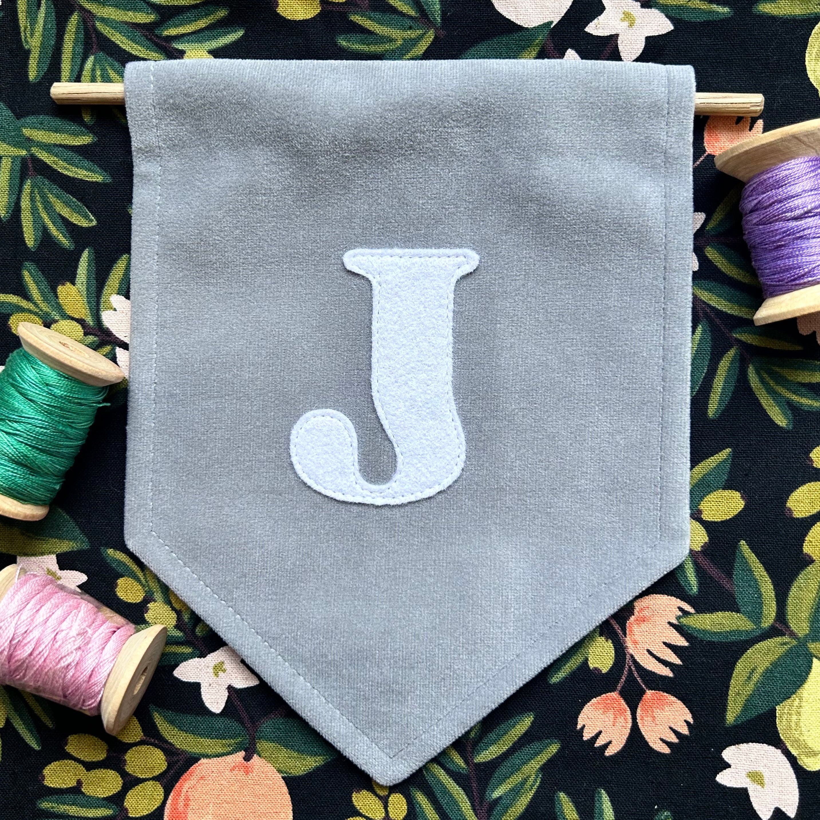 Mini felt initial on velvet banner (wall decor)