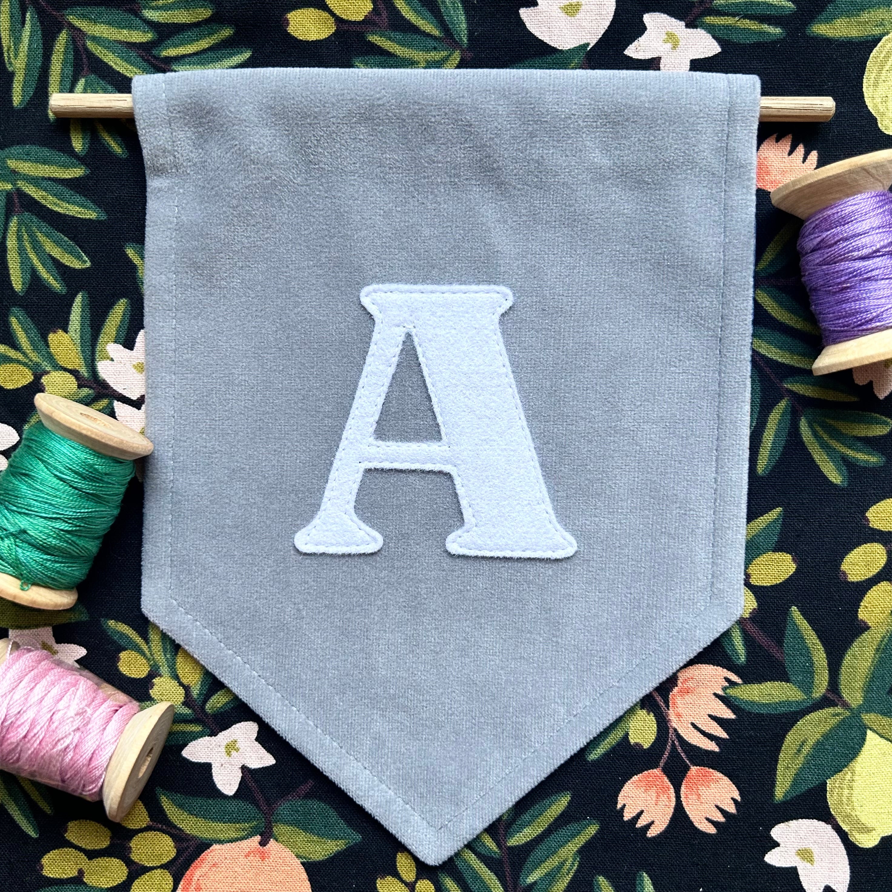 Mini felt initial on velvet banner (wall decor)