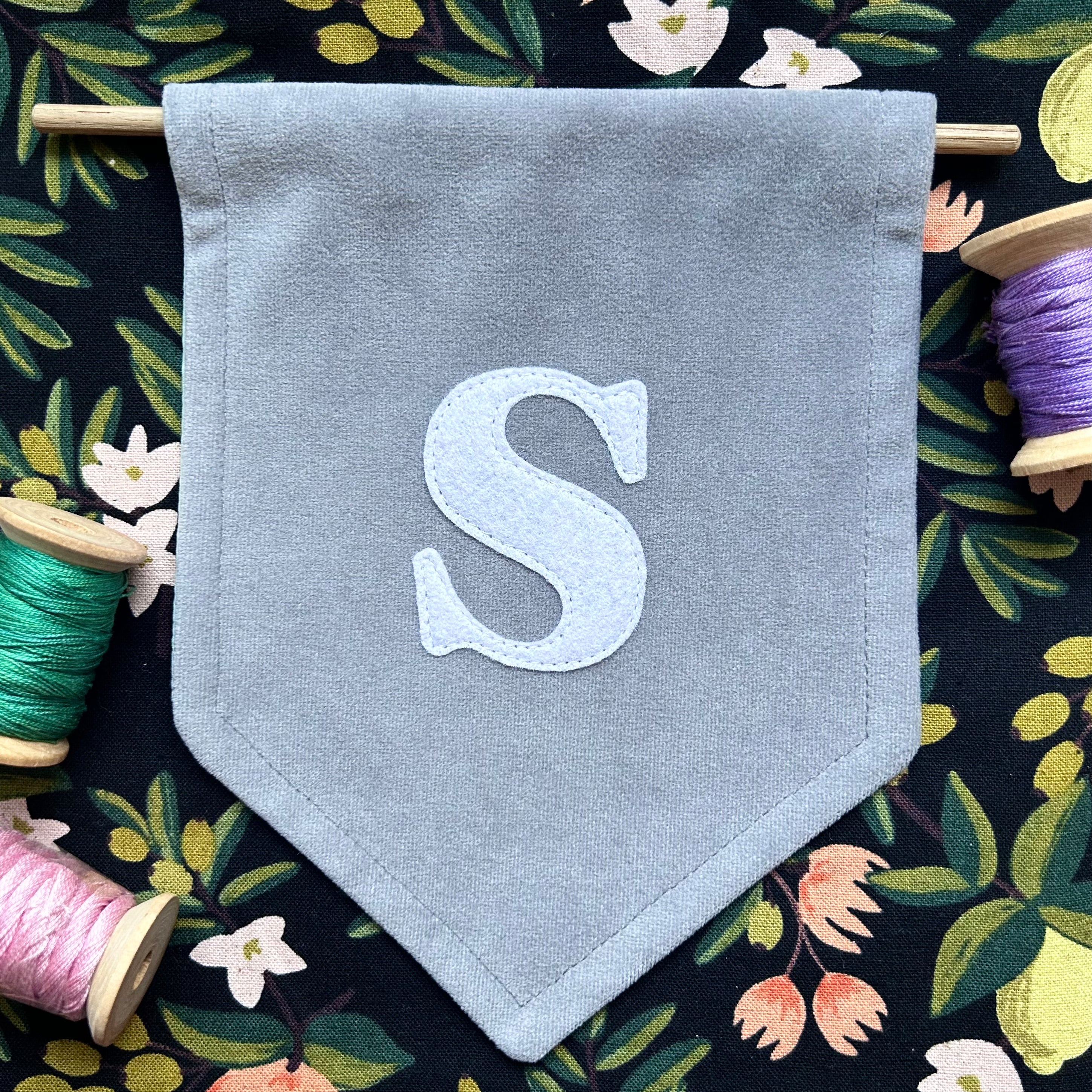 Mini felt initial on velvet banner (wall decor)