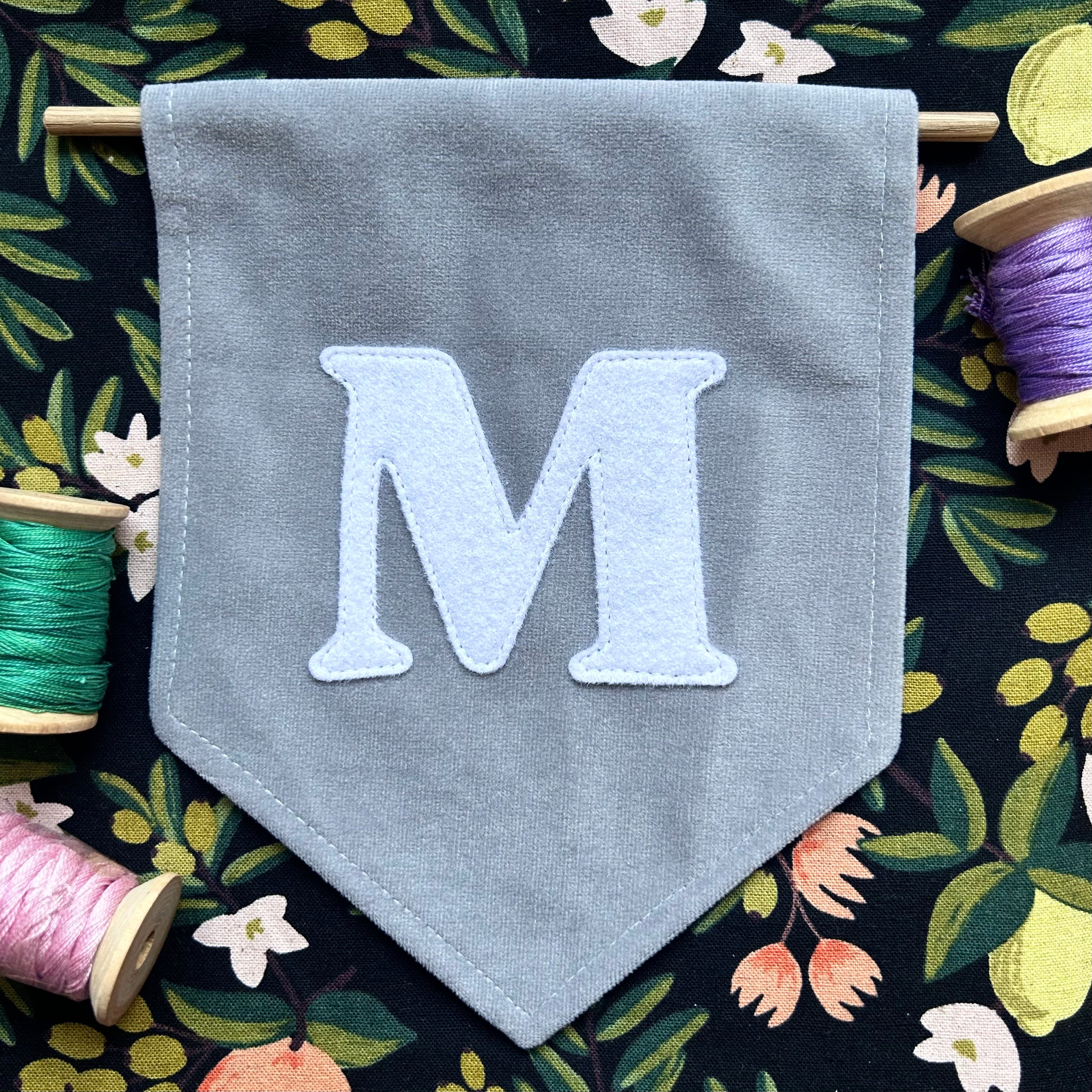 Mini felt initial on velvet banner (wall decor)