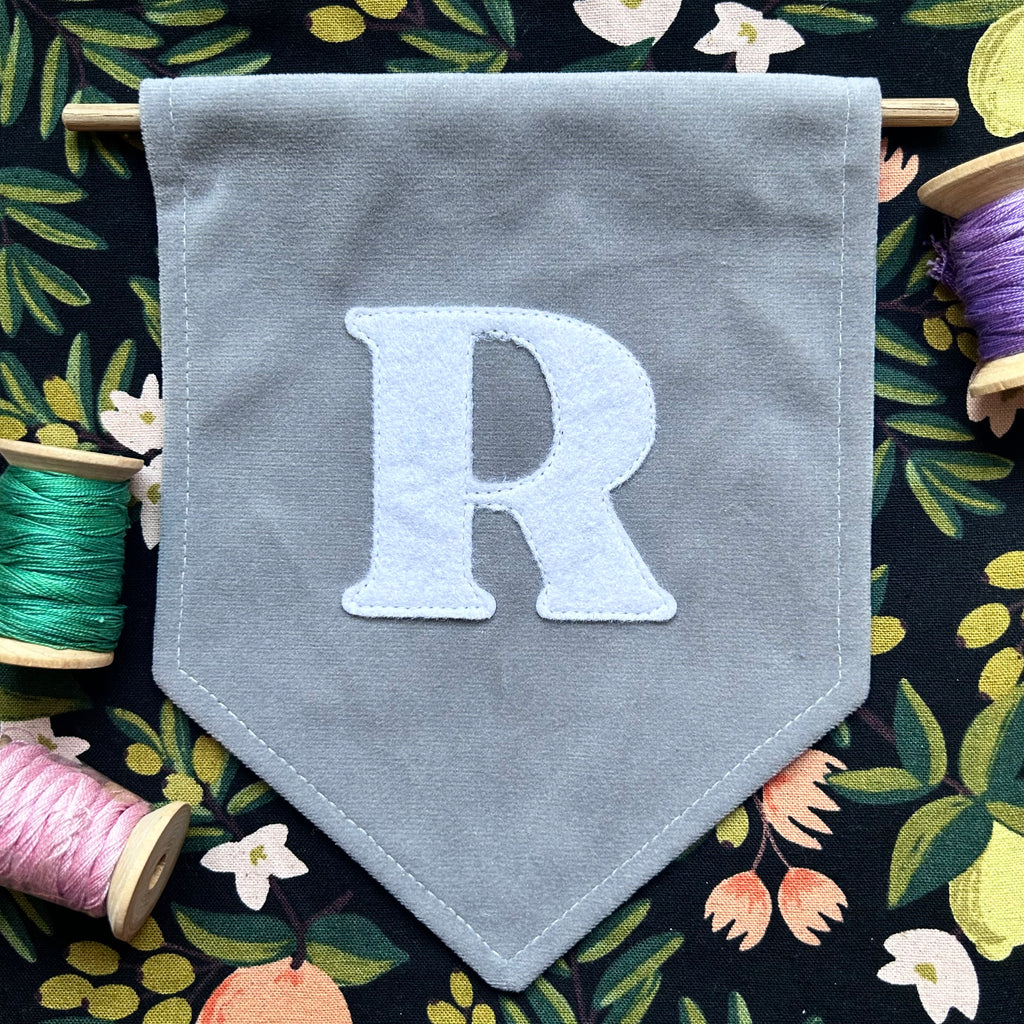 Mini felt initial on velvet banner (wall decor)