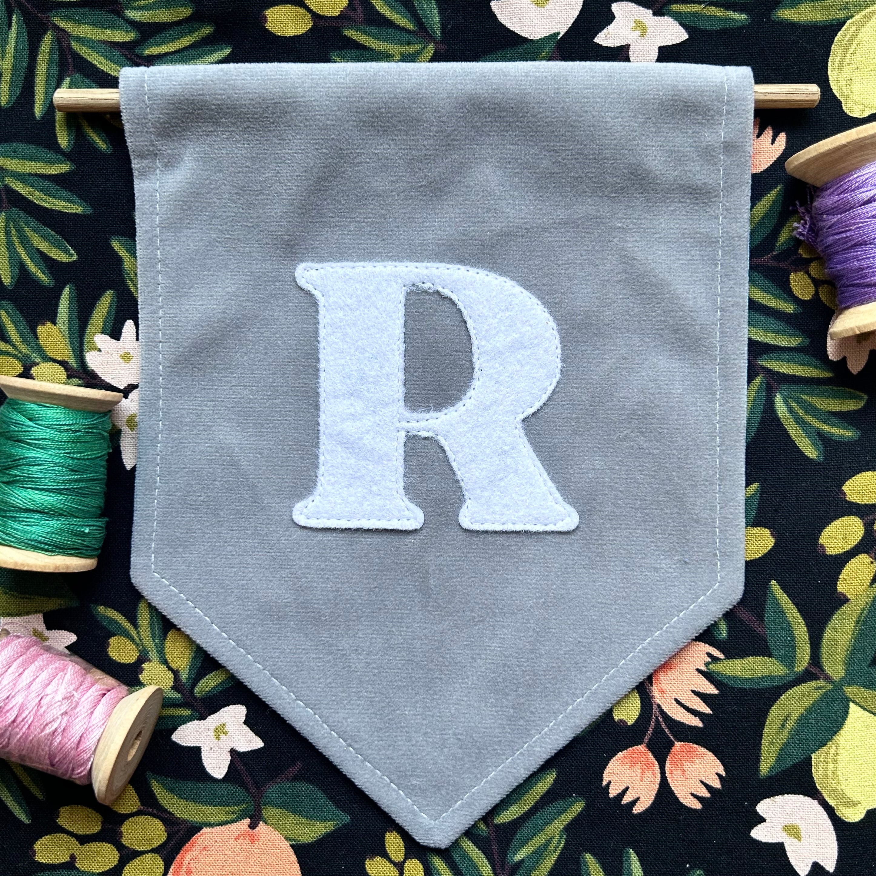 Mini felt initial on velvet banner (wall decor)