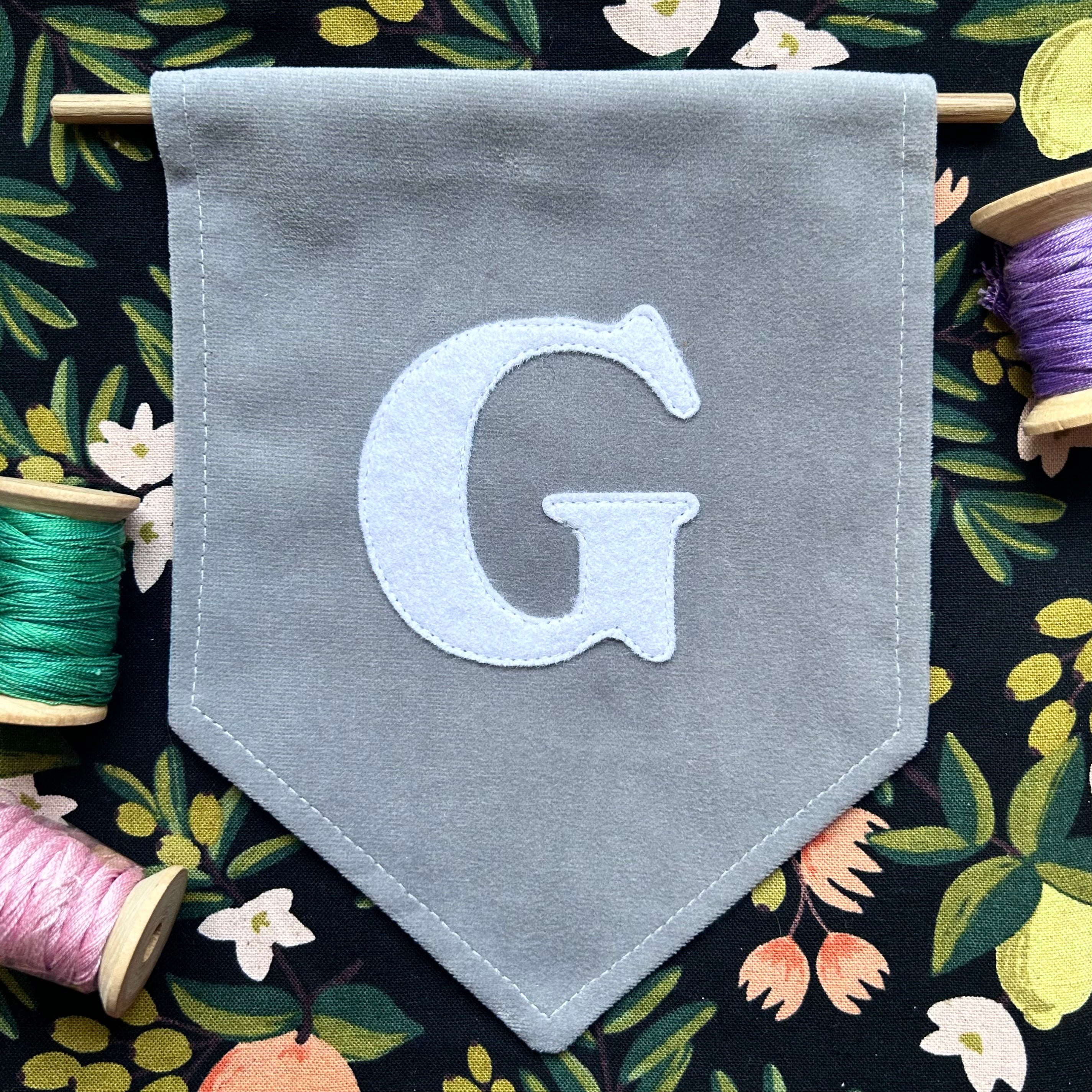 Mini felt initial on velvet banner (wall decor)