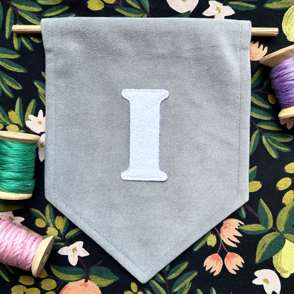 Mini felt initial on velvet banner (wall decor)