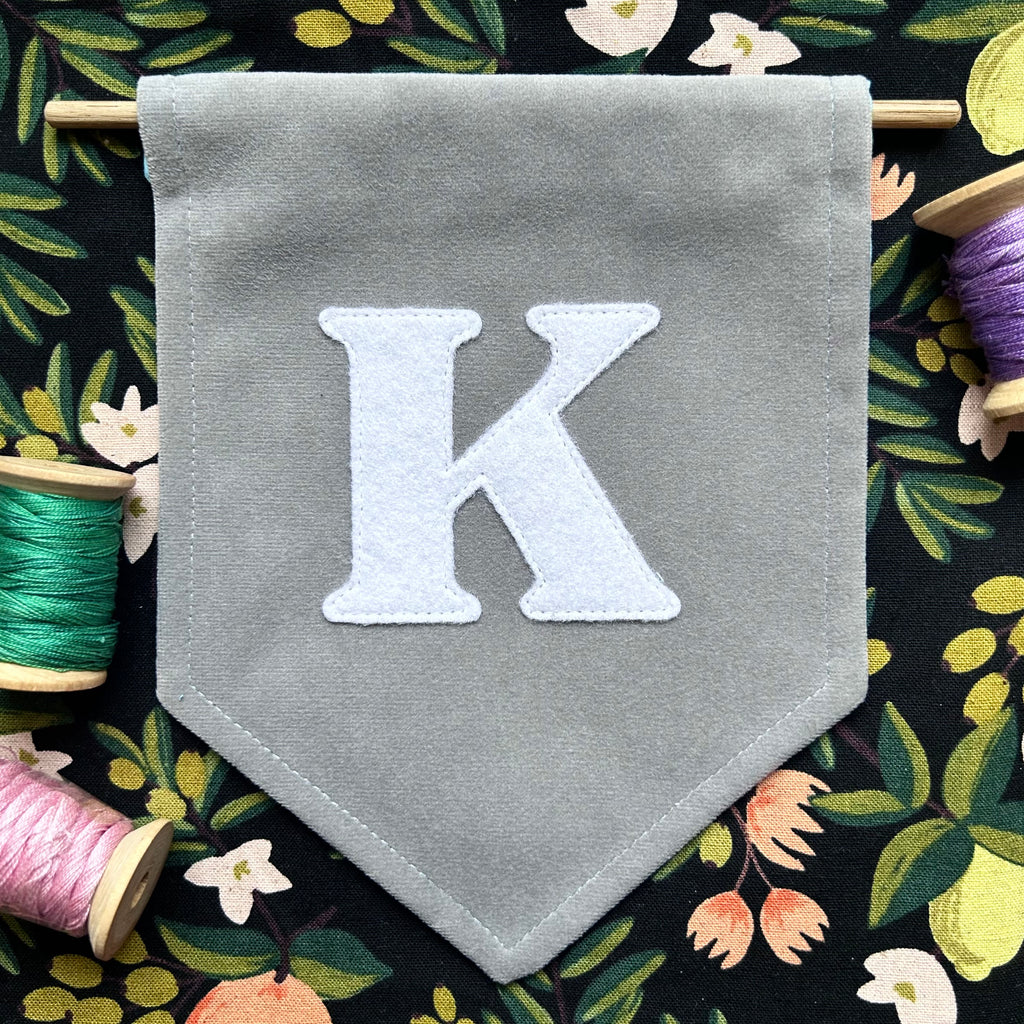 Mini felt initial on velvet banner (wall decor)