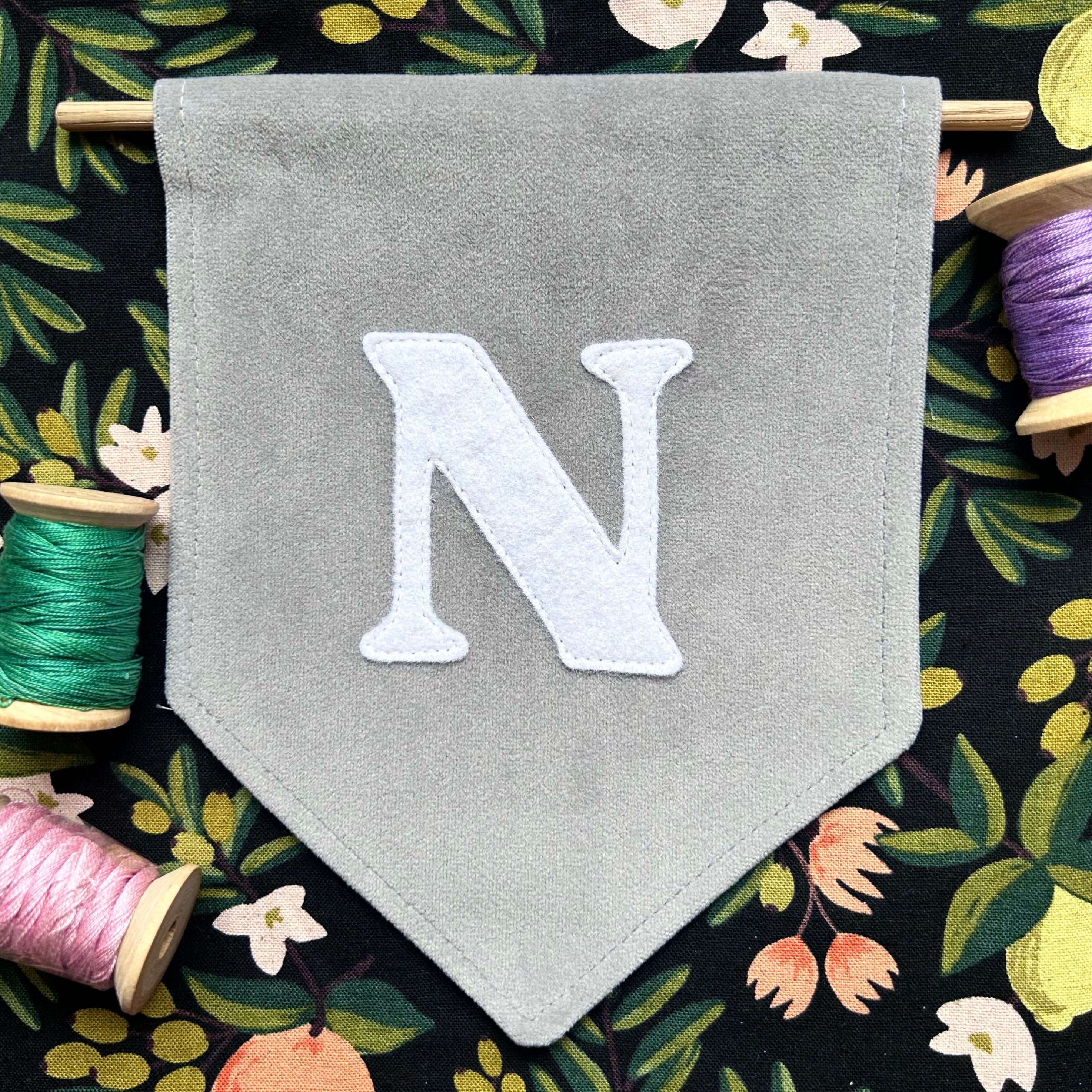 Mini felt initial on velvet banner (wall decor)